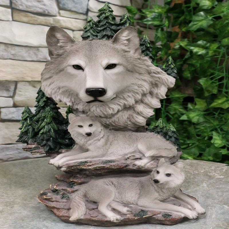 Mountain Scenery Gray Wolf Family Statue Timber Wolf Pack On Rocks 13"H Figurine