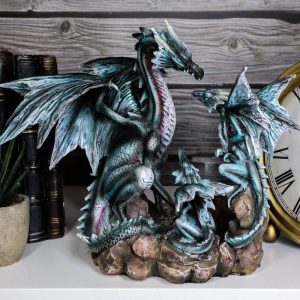 Narygos Blue Iceberg Mother Dragon With Baby Dragons Statue Home Decor Fantasy