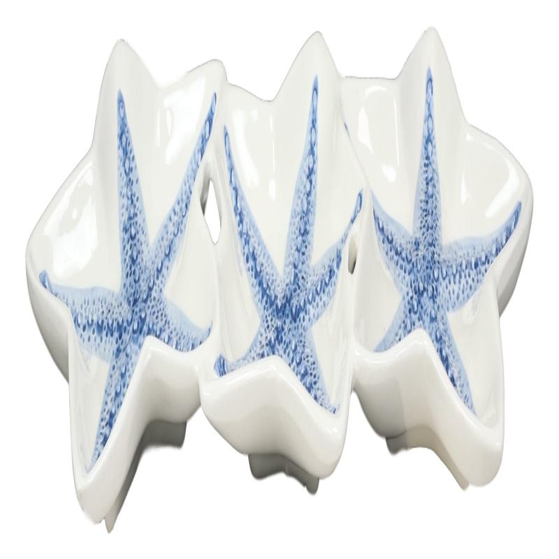 Nautical Blue 3 Starfish Sea Stars Ceramic Appetizer Dessert Plate Platter 16.5"