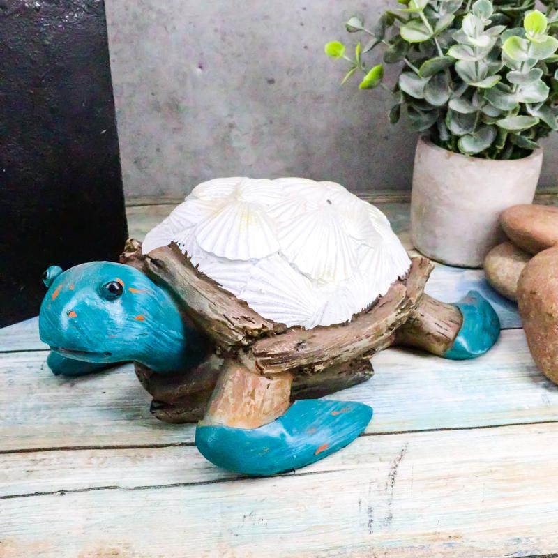 Nautical Sea Turtle With White Clam Shells In Faux Distressed Wood Finish Statue