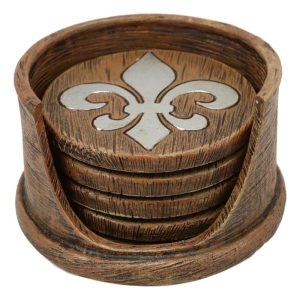 Rustic Western Tuscany Fleur De Lis Crown Coaster Holder & 4 Round Coasters Set