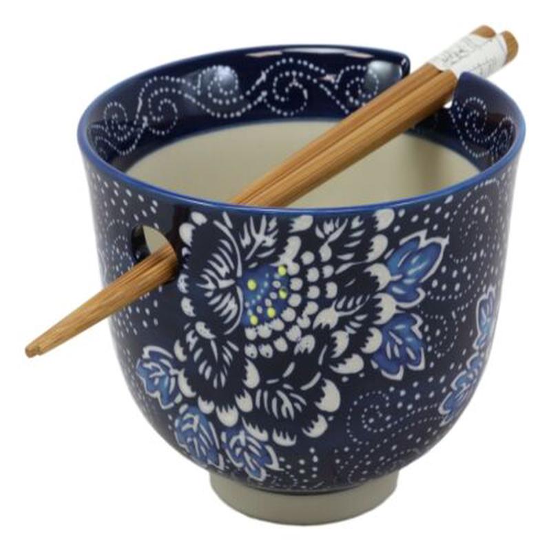 Shades Of Blue Daisy Floral Breeze Porcelain Ramen Soup Bowl With Chopsticks Set