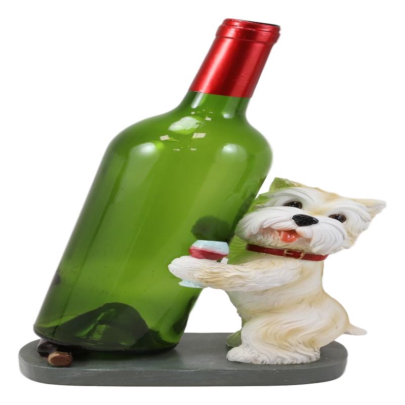 Standing Red Collar Yorkie Terrier Puppy Dog Holding Glass Wine Holder Figurine