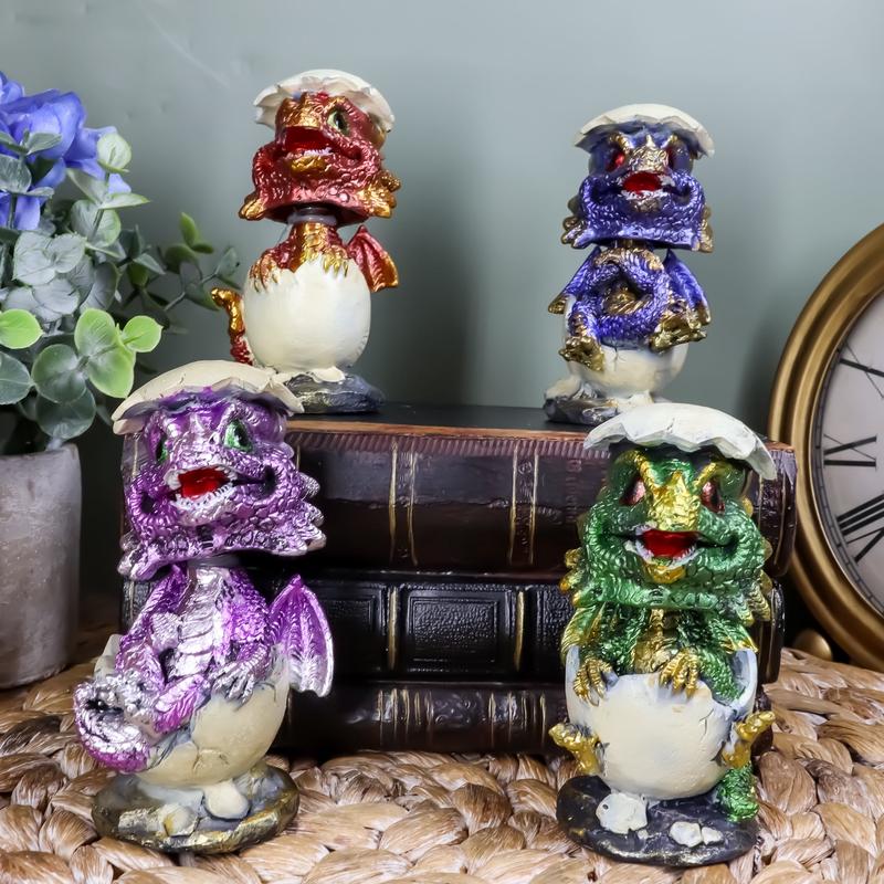 Whimsical Baby Dragon Egg Hatchlings Bobblehead Figurine Set In Metallic Colors