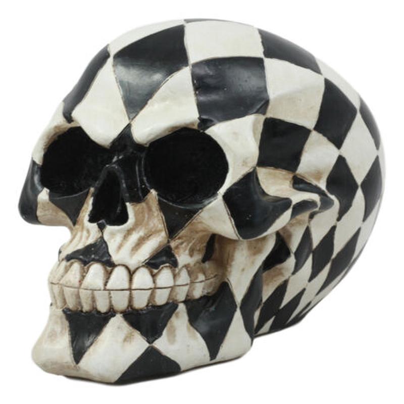 Day Of The Dead Harlequin Black And White Checkered Skull Statue Sugar Skull Art