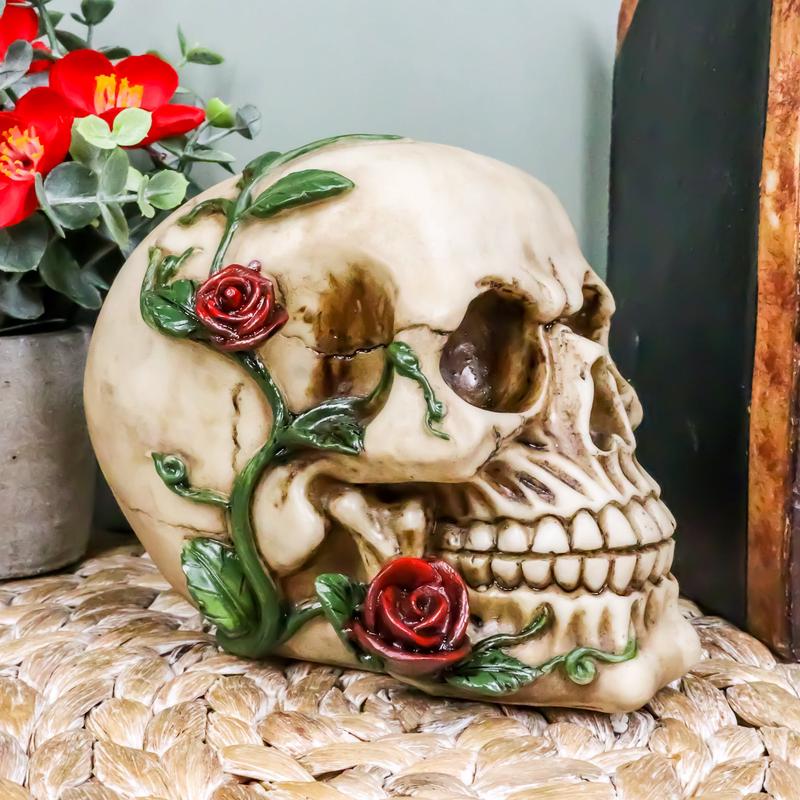 Day of The Dead Red Rose Vine Skull Figurine DOD Floral Sugar Skull Decor 6"L