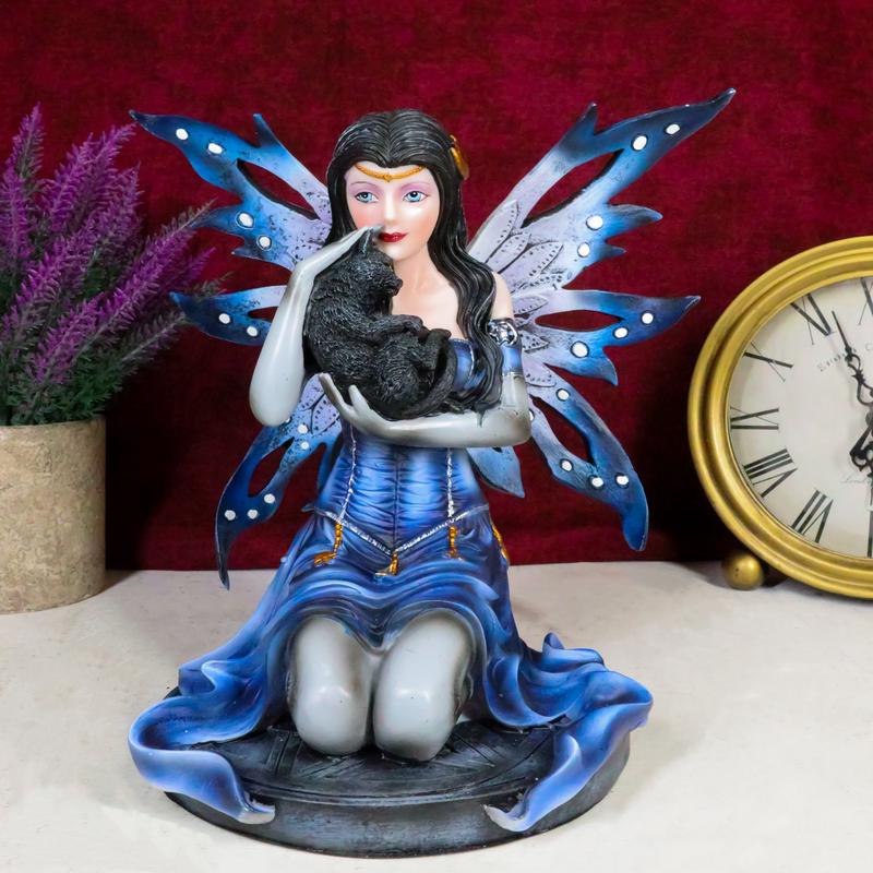 Ebros Blue Celestial Witch Fairy Cradling A Mystical Black Cat Statue 8.25" Tall