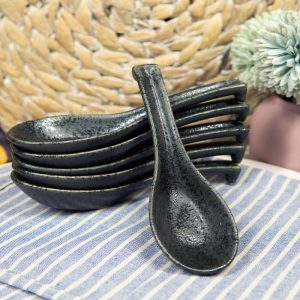Ebros Made In Japan Ceramic Speckled Black Soup Spoons With Ladle Hook Set Of 6