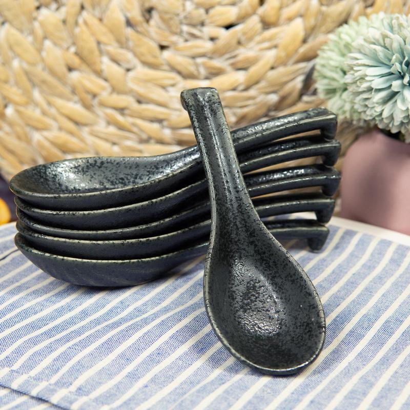 Ebros Made In Japan Ceramic Speckled Black Soup Spoons With Ladle Hook Set Of 6