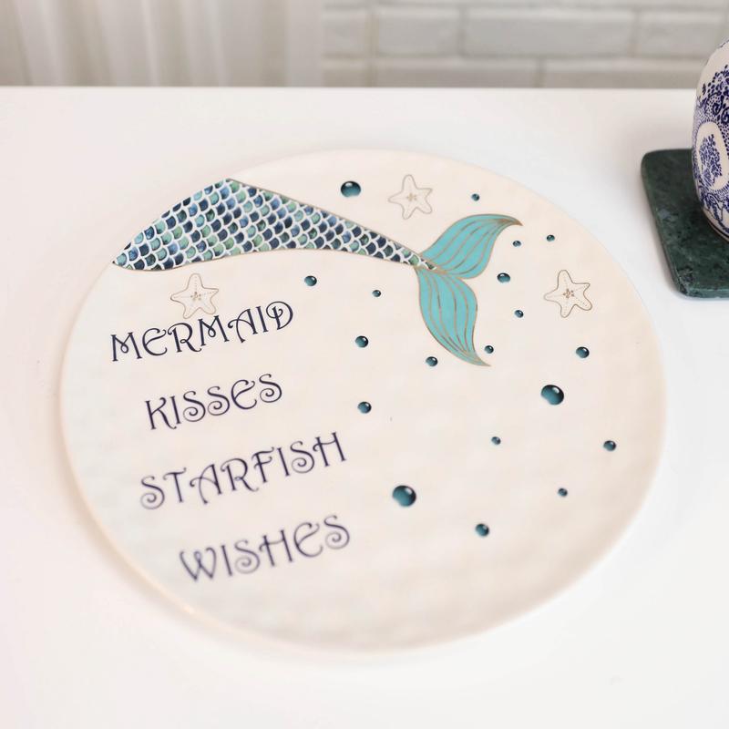 Ebros Nautical Blue Mermaid Kisses Starfish Wishes Ceramic Dinner Plates 2 Pack