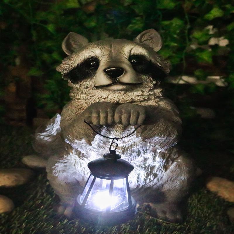 Ebros Night Bandit American Raccoon Statue Holding Solar Lantern LED Light 15"H