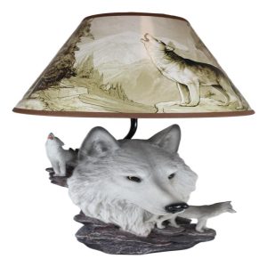 Gray Wolf Table Lamp Decor Wildlife Full Moon Howling Timber Wolf Pack