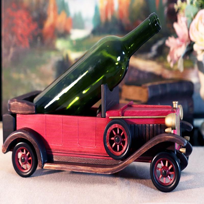 Hand Made Wood Retro Style Pink Cabriolet Convertible Car Wine Holder Figurine