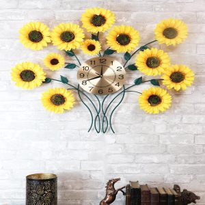 Large Lifelike Yellow Sunflowers Floral Blooms Gold Plated Metal Wall Clock