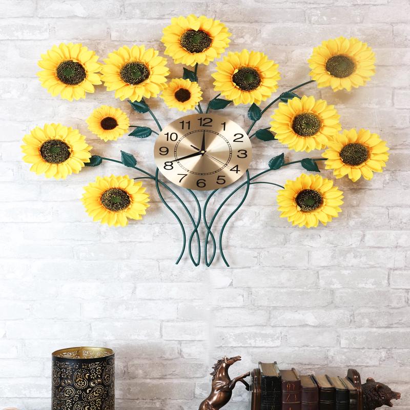 Large Lifelike Yellow Sunflowers Floral Blooms Gold Plated Metal Wall Clock