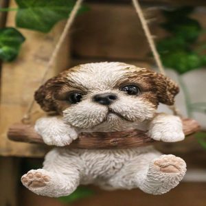 Lifelike Teacup Shih Tzu Puppy Macrame Branch Hanger 5.25"Tall With Jute Strings