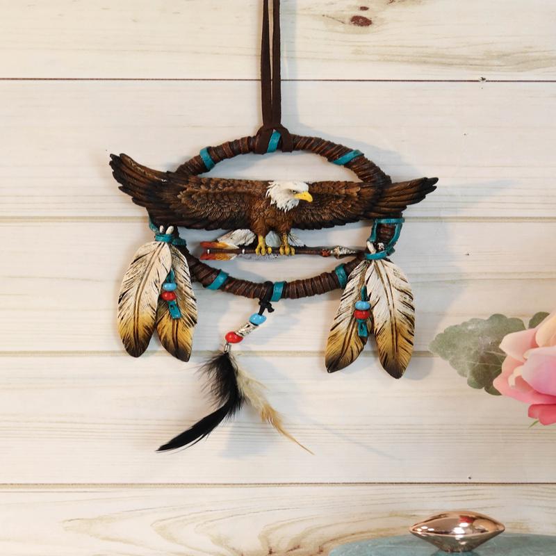 Majestic Bald Eagle With Open Wings Figurine Dream Catcher With Beaded Feathers