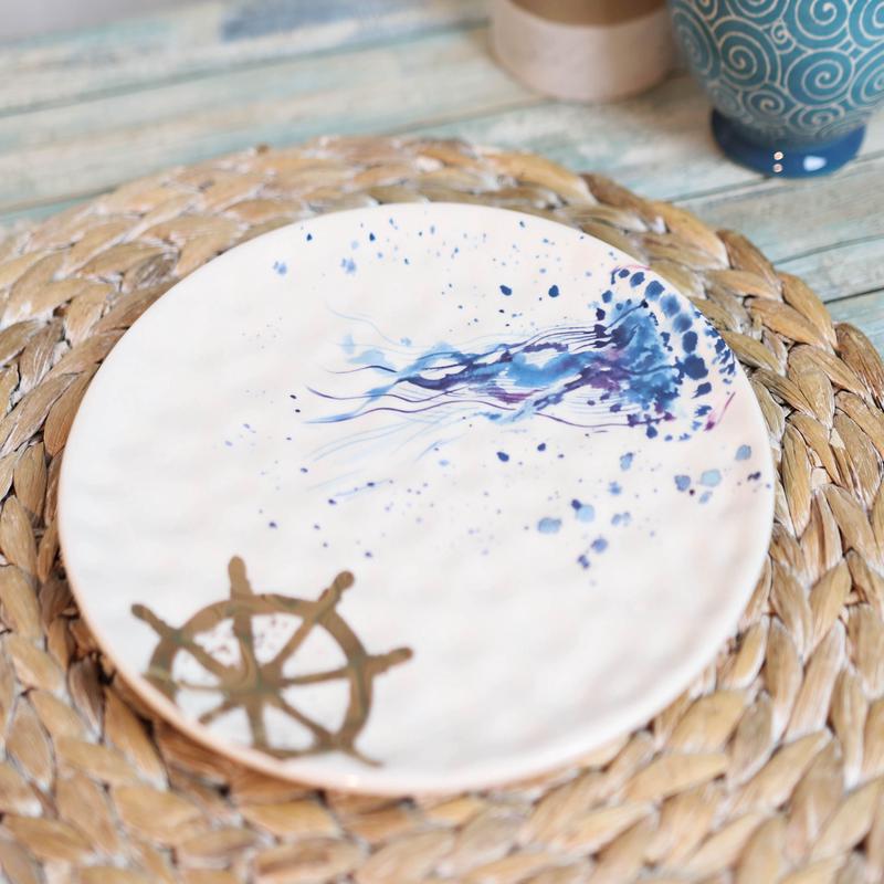 Nautical Marine Ocean Jellyfish Ship Helm Ceramic Round Dinner Plates Pack Of 2