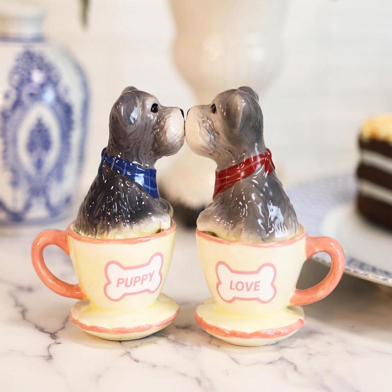 Puppy Love Adorable Teacup Schnauzer Dog Couple Ceramic Salt Pepper Shaker Set