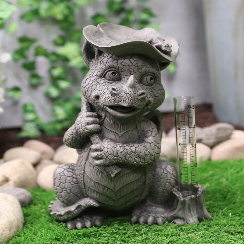 Raindrops Keep Falling On My Head Dragon With Lilypad Umbrella Rain Gauge Statue