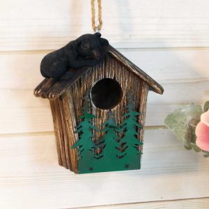 Rustic Black Bear Cub Climbing Pine Trees Birdhouse Roof Hanging Bird Feeder
