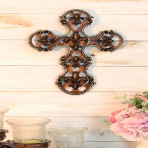 Rustic Southwestern Scroll Art Tuscan Fleur De Lis Emblems Wall Cross Crucifix
