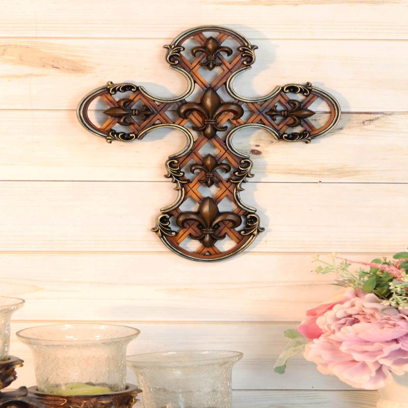 Rustic Southwestern Scroll Art Tuscan Fleur De Lis Emblems Wall Cross Crucifix