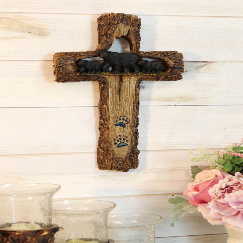 Rustic Western Black Bears Momma And Cubs On Bear Trail Wall Cross Decor Plaque