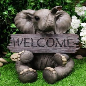 Safari Wildlife Adorable Elephant Pachy Welcome Sign Figurine Patio Decor Statue