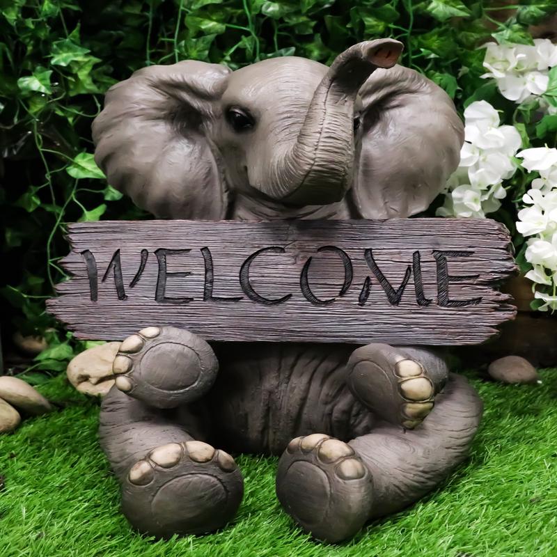 Safari Wildlife Adorable Elephant Pachy Welcome Sign Figurine Patio Decor Statue