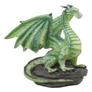 Small Green Whimsical Dragon On Volcanic Rock Statue 4"Tall Prehistoric Dinosaur
