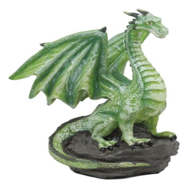 Small Green Whimsical Dragon On Volcanic Rock Statue 4"Tall Prehistoric Dinosaur