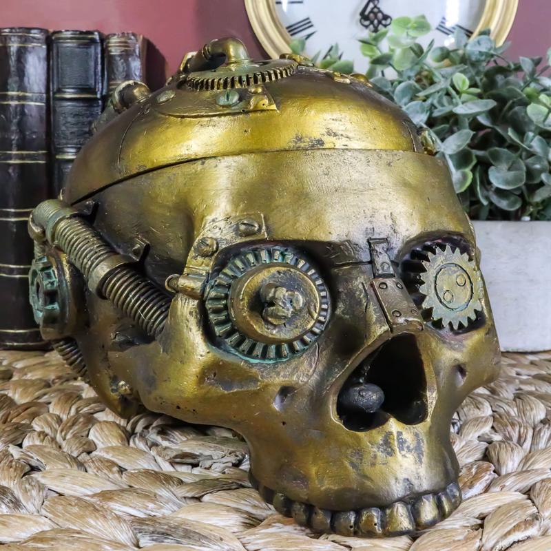 Steampunk Cyborg Robotic Skull Jewelry Box Figurine 7.5"L Skull Bowl Container