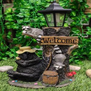 Summer Naps Lazy Bear With Raccoon Friends Welcome Sign Statue With Solar Light