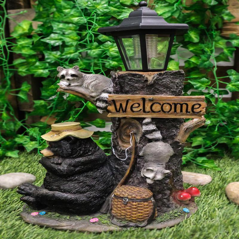 Summer Naps Lazy Bear With Raccoon Friends Welcome Sign Statue With Solar Light