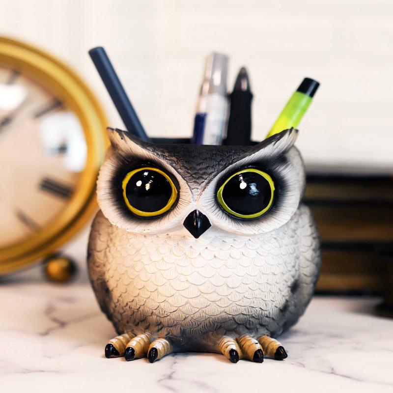 Whimsical Great Horned Owl Owlet Baby Stationery Pen Make Up Brush Holder Statue