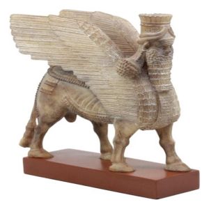 Assyrian Bull Lamassu Statue 8.5"L Decorative Shedu On Wooden Pedestal Figurine