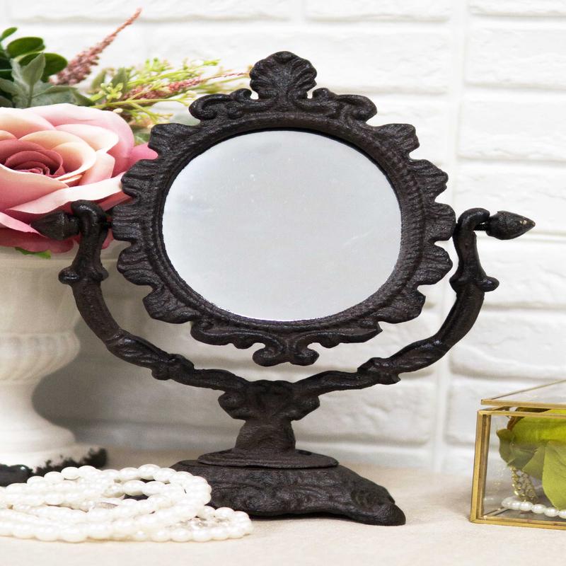 Cast Iron Rustic Vintage Heirloom Style Small Tabletop Oval Vanity Mirror Decor