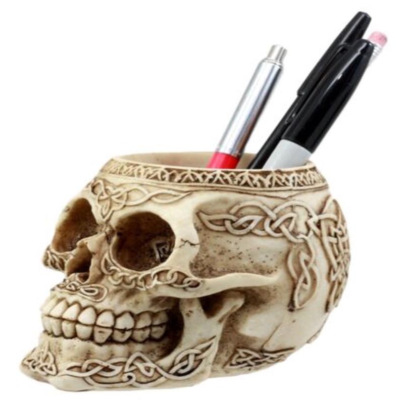 Day Of The Dead Celtic Tribal Tattoo Skull Pen Stationery Holder Figurine 4.5"L