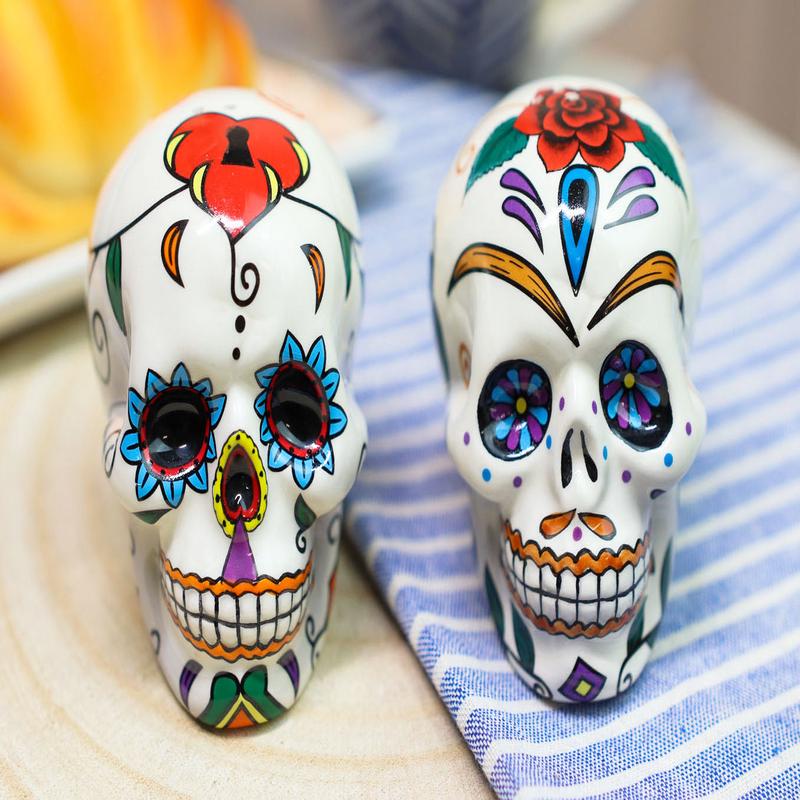 Ebros Love Never Dies Sugar Skulls Day Of The Dead Ceramic Salt And Pepper Shakers Set