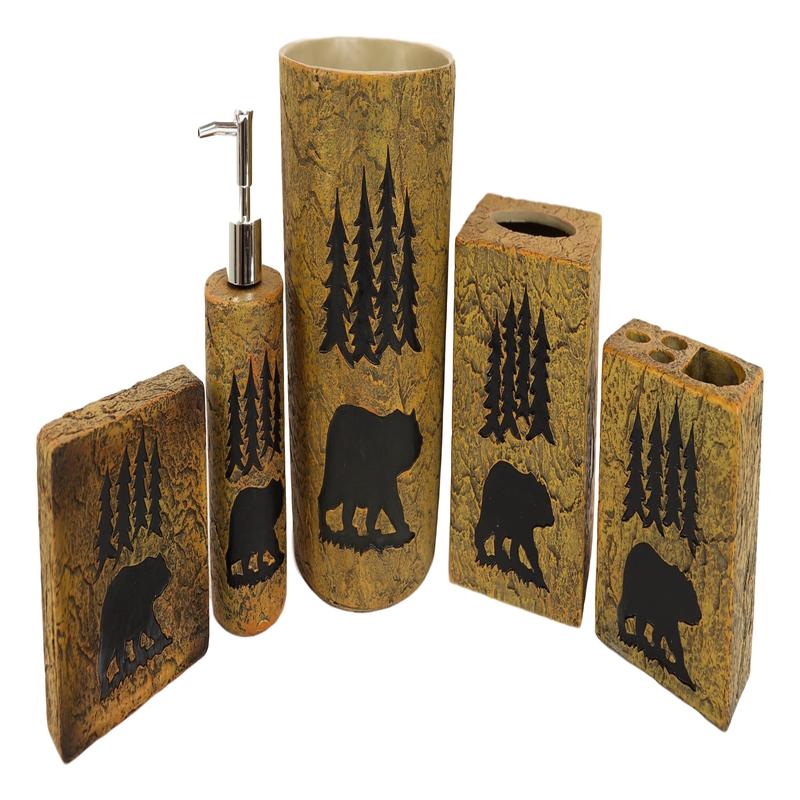 Ebros Rustic Black Bear Roaming Trees Bathroom Accent (5 Piece Bathroom Set)