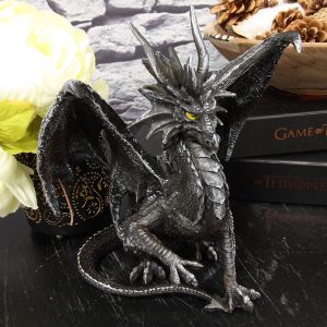 Ebros Ruth Thompson Metallic Grey Checkmate Dragon with Horns Statue 9" Tall