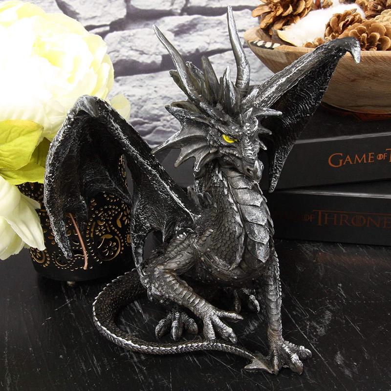 Ebros Ruth Thompson Metallic Grey Checkmate Dragon with Horns Statue 9" Tall