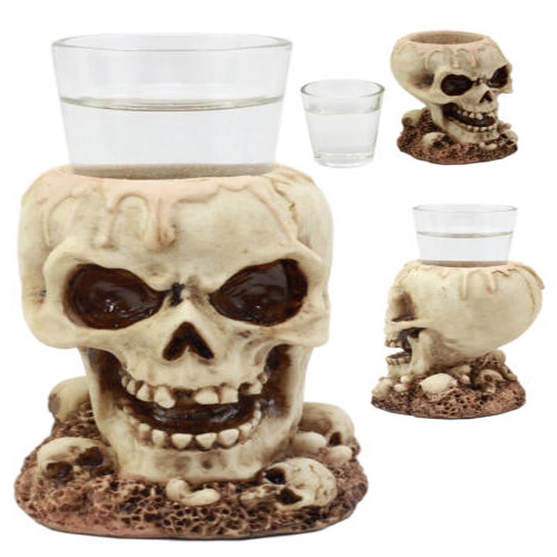 Gothic Ossuary Graveyard Melting Skull Shot Glass Holder Figurine 5"Tall Liquor