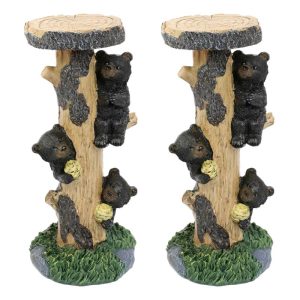 Rustic Climbing Bear Cubs With Bee Hives Pillar Candle Holder Stand Set Of 2