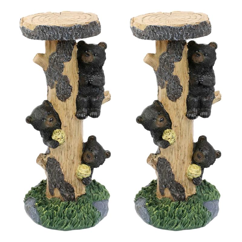 Rustic Climbing Bear Cubs With Bee Hives Pillar Candle Holder Stand Set Of 2