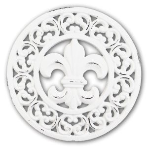 Rustic Off White Round Fleur De Lis Medallion In Scroll Design Cast Iron Trivet