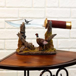 Rustic Pheasant Rooster Bird Display With Decorative Shotgun Shell Knife Set