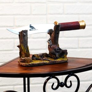 Rustic Quail Hen Bird Display With Decorative Shotgun Shell Knife Statue Set