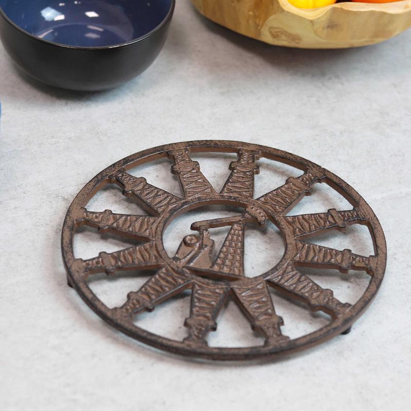 Rustic Round Pumpjack Cutout With Oil Derrick Towers Border Cast Iron Trivet